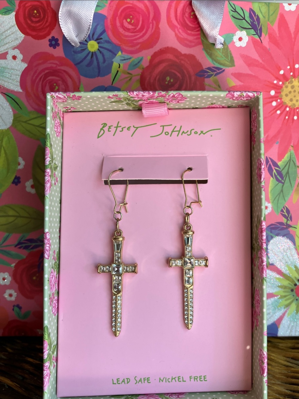 Betsey Johnson Gold-tone Cross Dangle Earrings with Crystals & FREE HAIR PINS:)